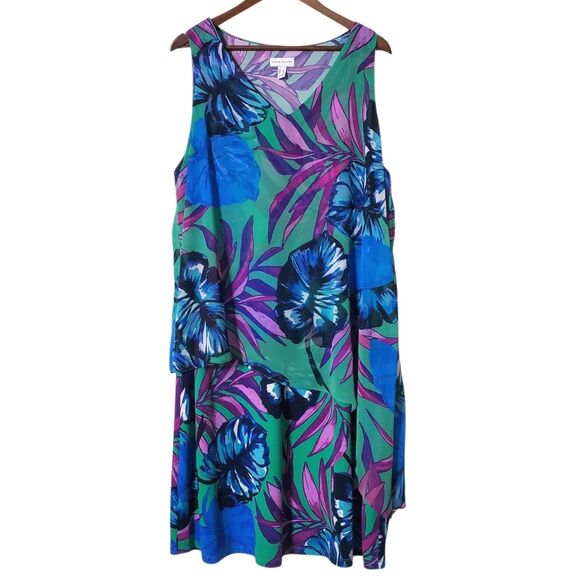 Susan Graver Liquid Knit Mini Dress 1X Plus Tropical Floral Print Green Pink - Picture 1 of 10